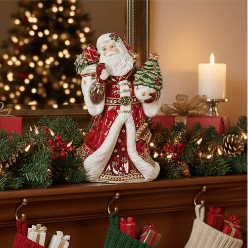 Decorative Santa figure on a mantel with stockings and candles, Christmas tree in the background
