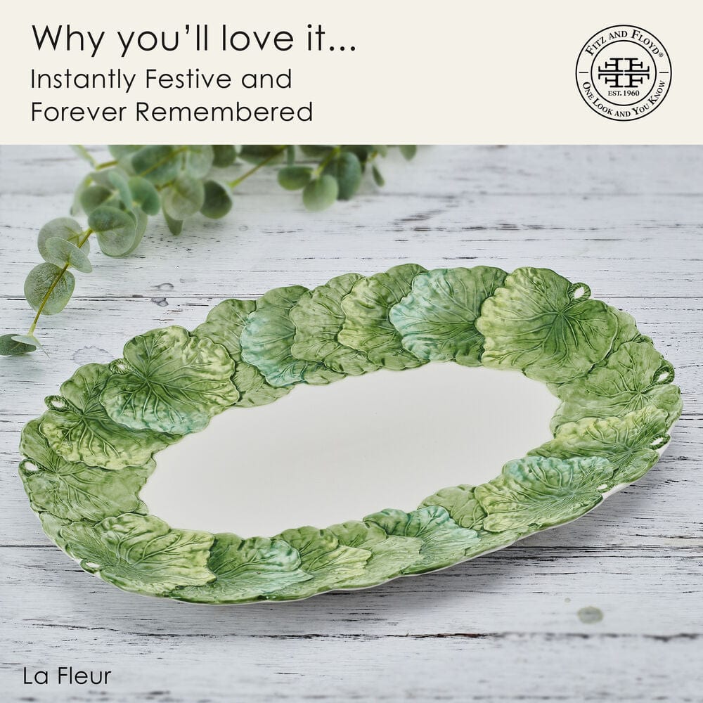 La Fleur Green Leaves Serving Platter, 15 IN