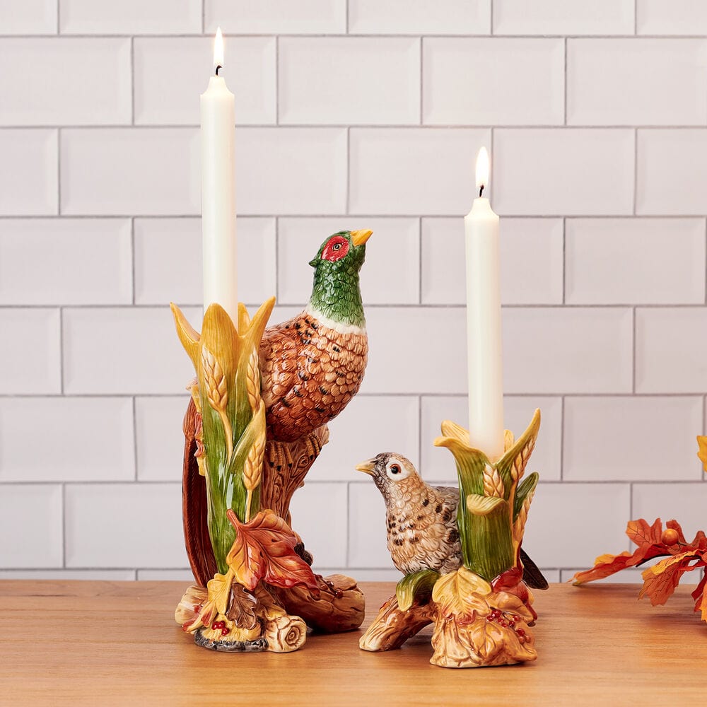 Fall Harvest Pheasant Figurine Candleholders, Set of 2