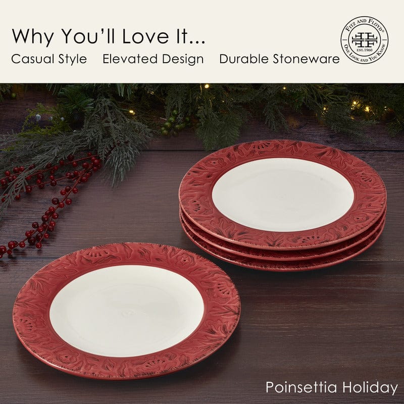 Poinsettia Holiday Set of 4 Dinner Plates