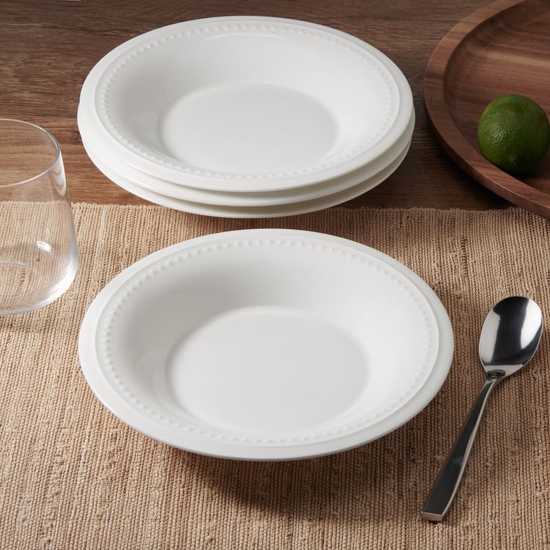 Nevaeh White Classic Bead Flared Set of 4 Soup Cereal Bowls