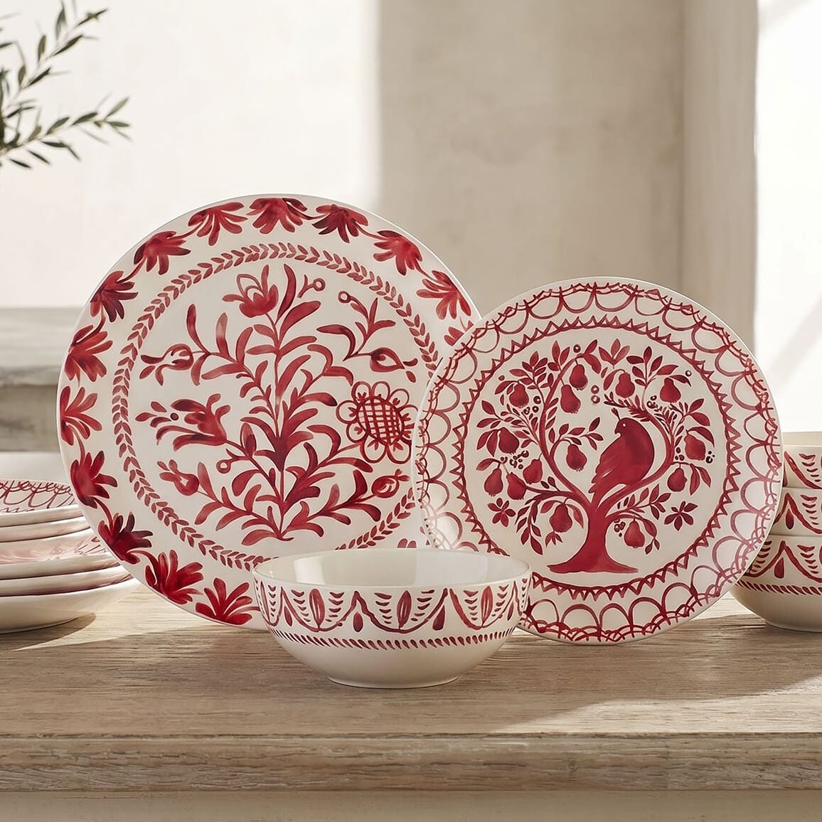 Sicily Red Holiday Partridge 12 piece Dinnerware Set, Service for 4