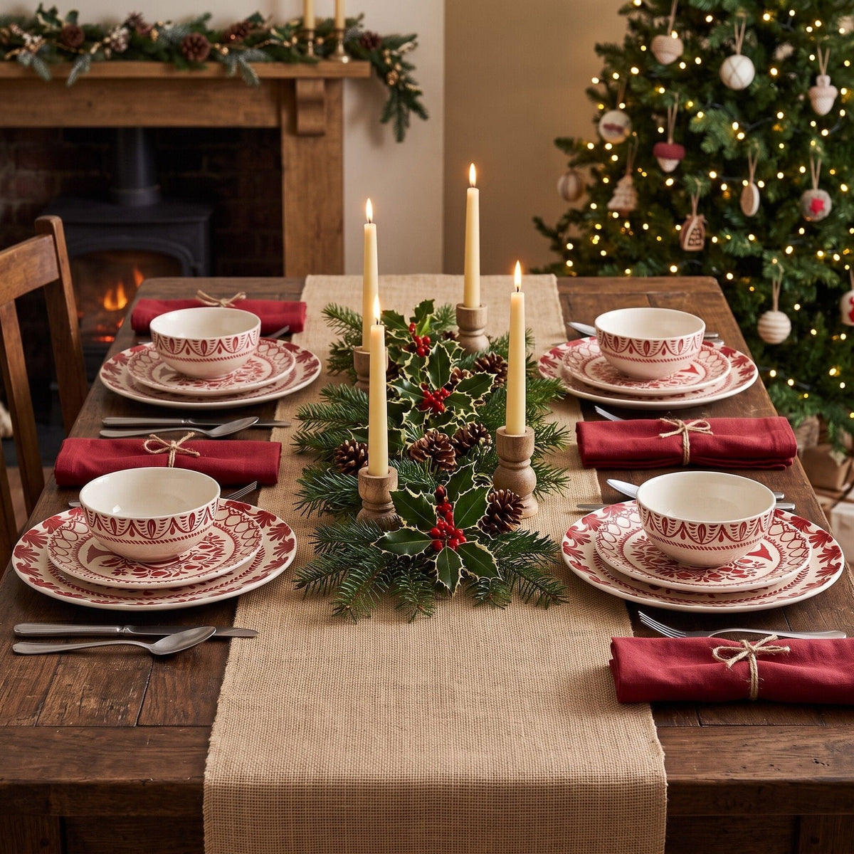 Sicily Red Holiday Partridge 12 piece Dinnerware Set, Service for 4