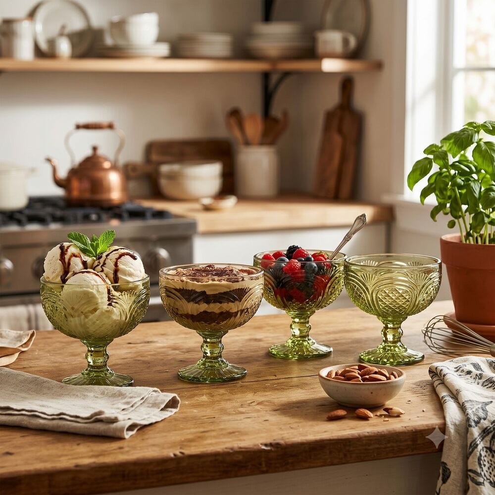 Sicily Green Set of 4 Footed Dessert Bowls