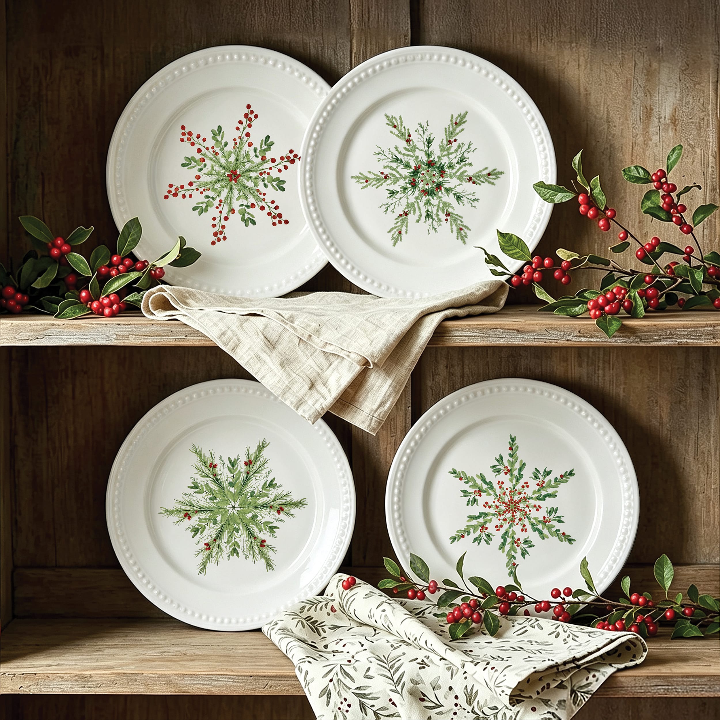 Everyday White® Holiday Evergreen Snowflake Set of 4 Salad Plates