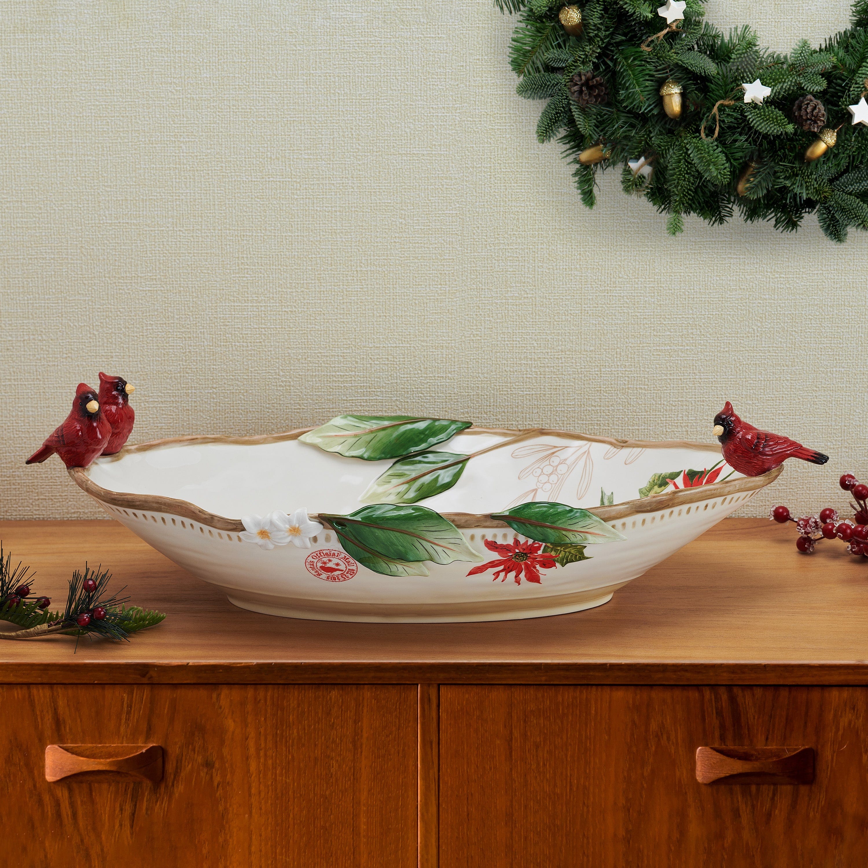 Poinsettia Holiday Cardinal Centerpiece Bowl