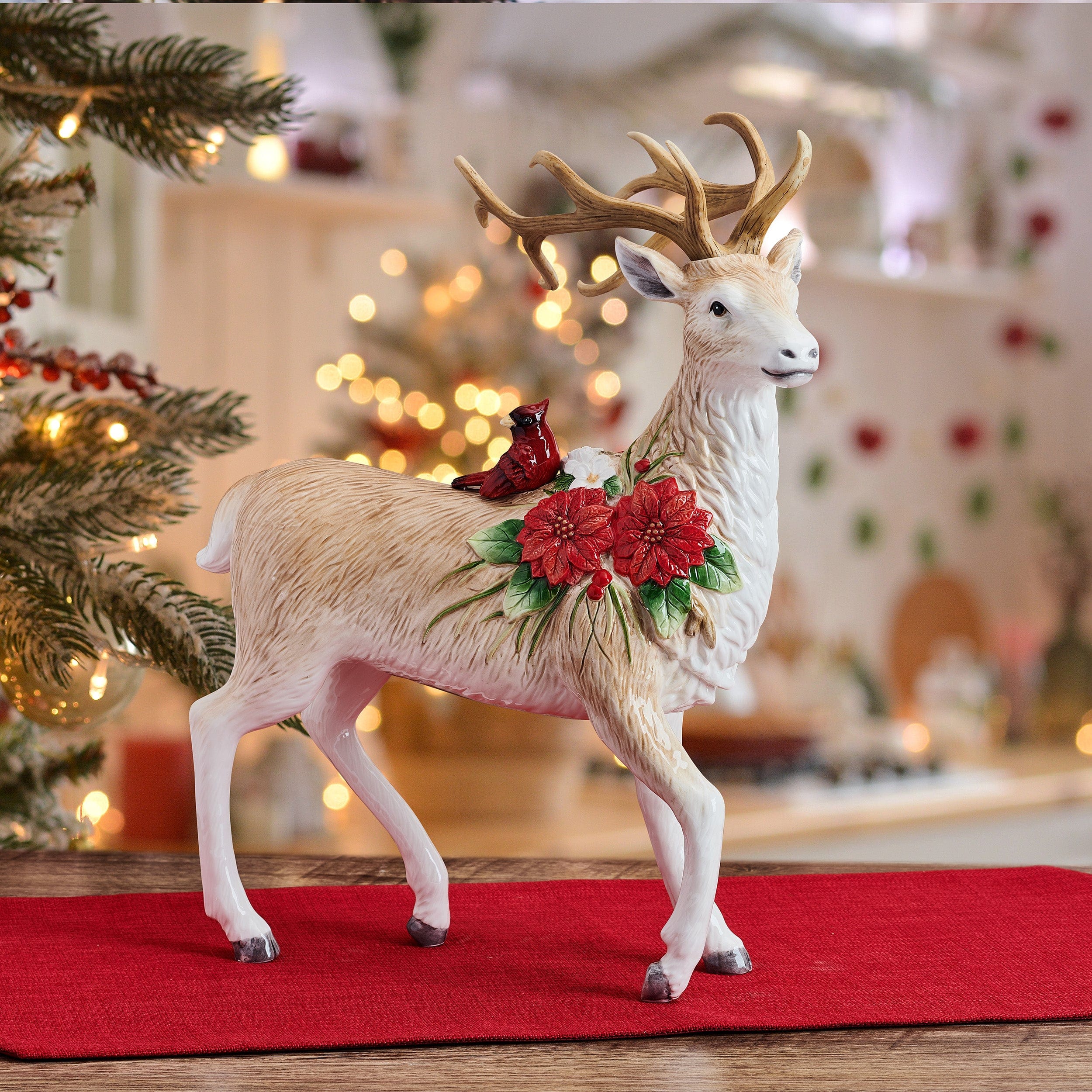 Poinsettia Holiday Standing Deer Figurine, 16.25 IN