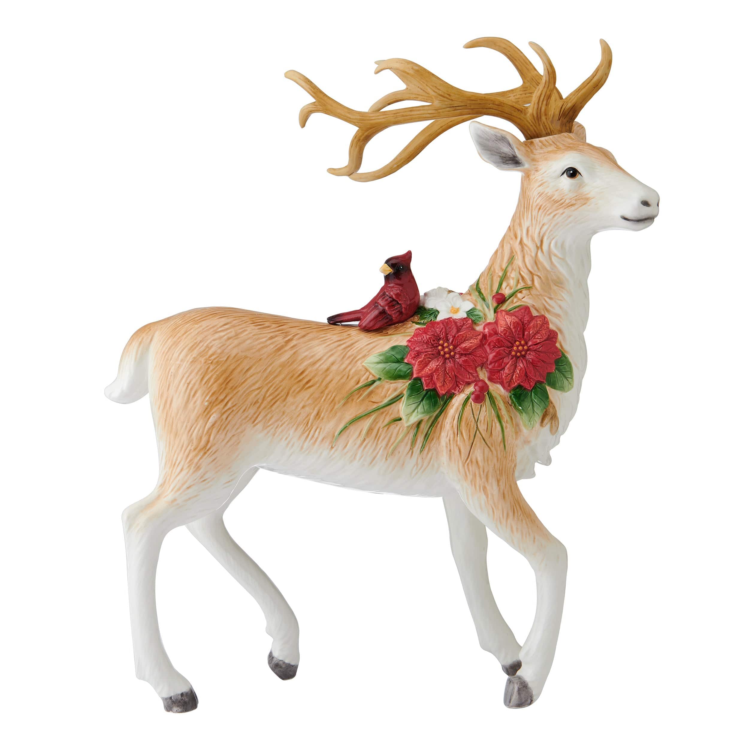 Poinsettia Holiday Standing Deer Figurine, 16.25 IN