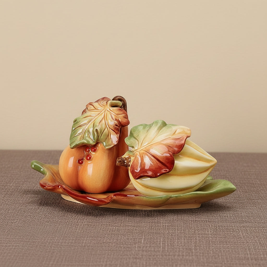 Decorative ceramic pumpkin and gourd with leaf designs on a textured surface.