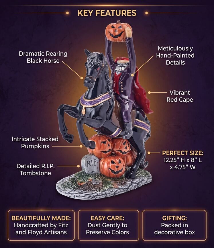 Product shot of Halloween Harvest Headless Horseman Figurine with pumpkins at the base and hand painted details.