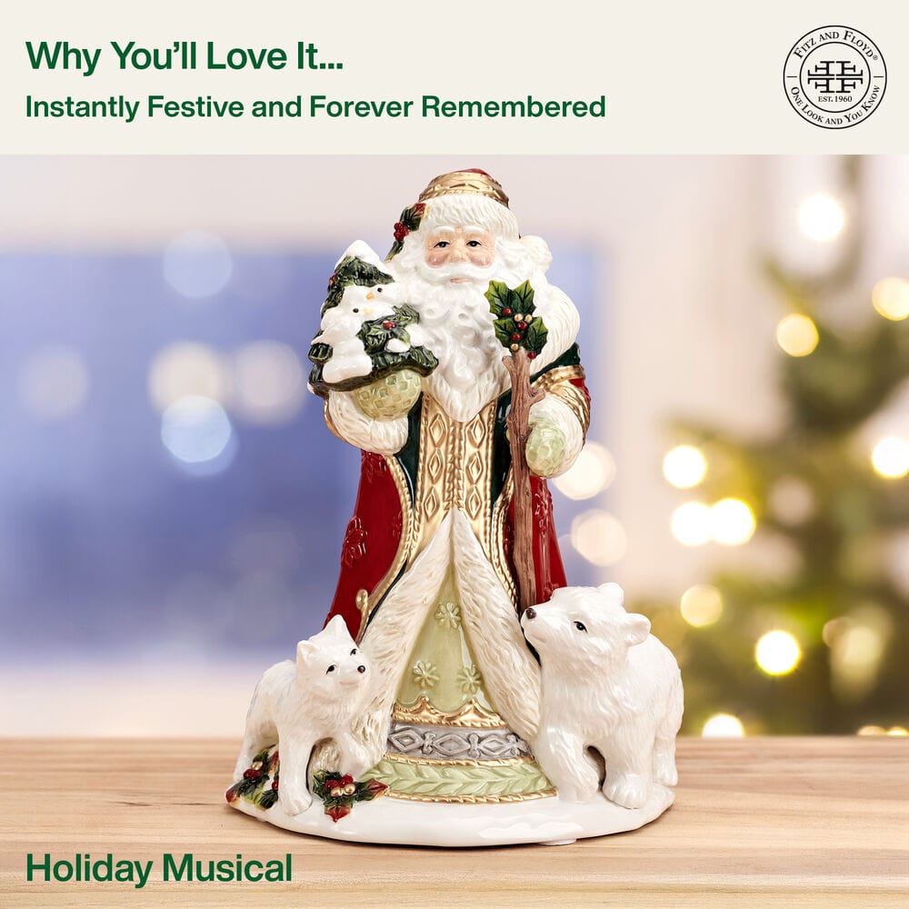 Woodland Holiday Musical Santa Figurine, 10.75 IN