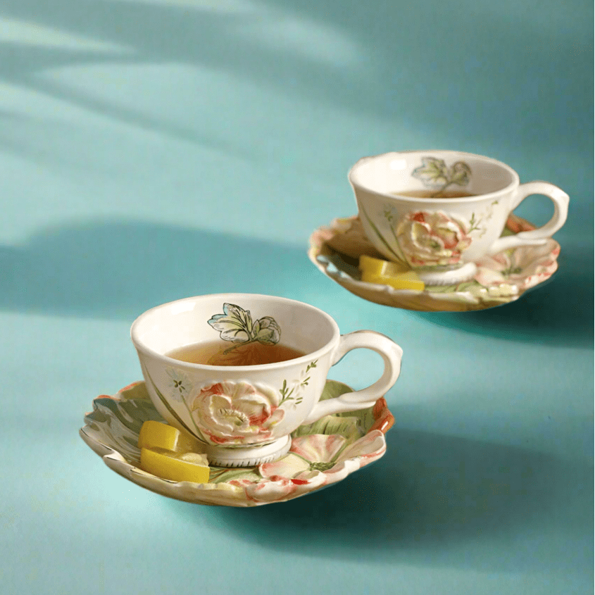 English Garden Set of 2 Tea Cup and Saucer with Tea Rest