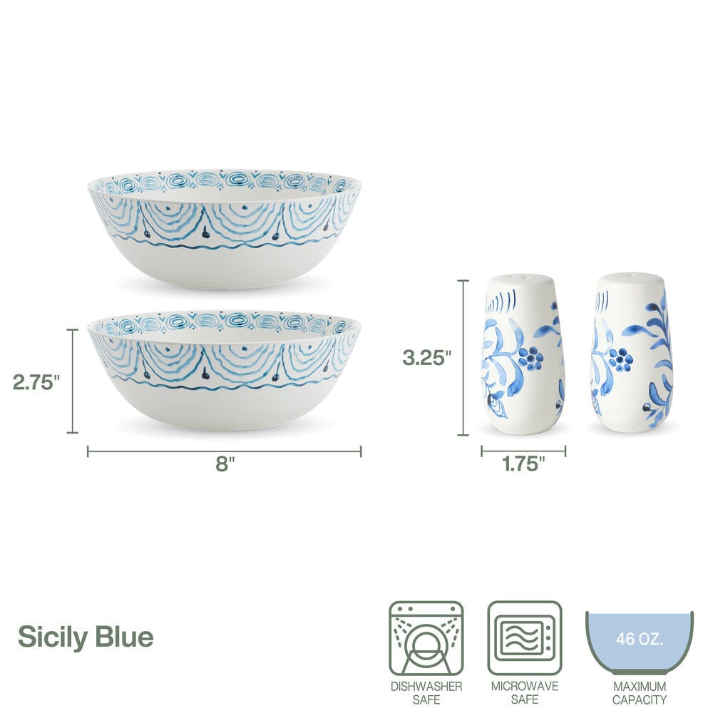 Sicily Blue Set of 2 Serving Bowls with Salt and Pepper Set