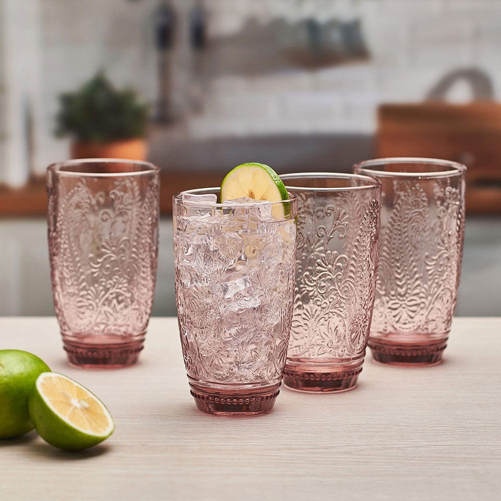 Set Of 4 - 14oz Highball Glasses With Branch Texture, Lead-Free, Dishwasher Safe