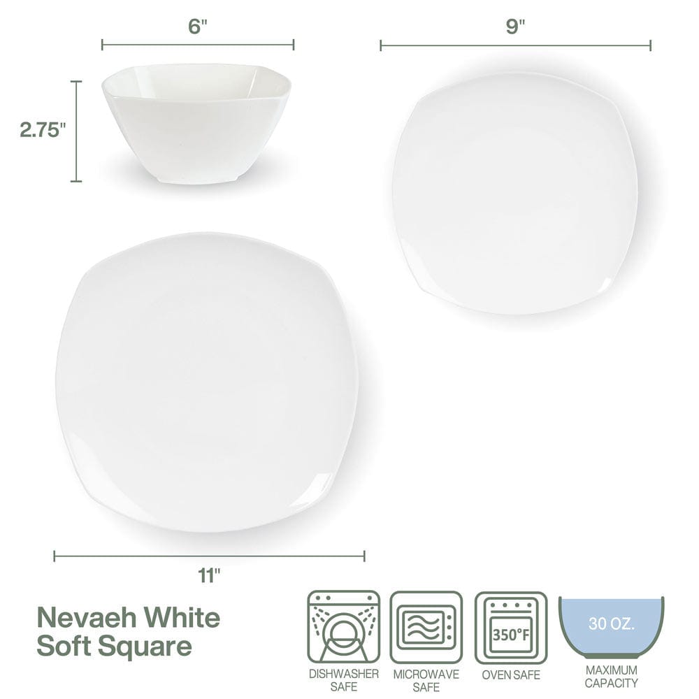 Nevaeh White Soft Square 12 Piece Dinnerware Set, Service for 4