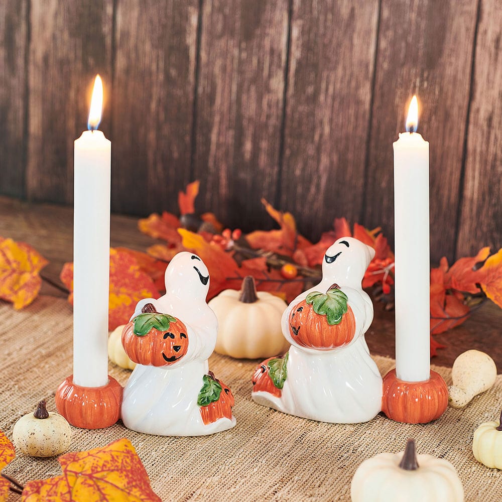Halloween Pumpkin and Ghost Candleholders, Set of 2