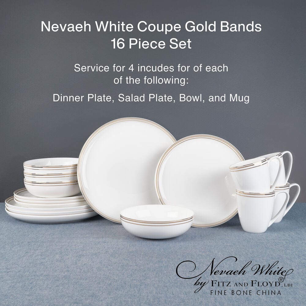 Nevaeh White Gold Bands 16 Piece Dinnerware Set, Service For 4