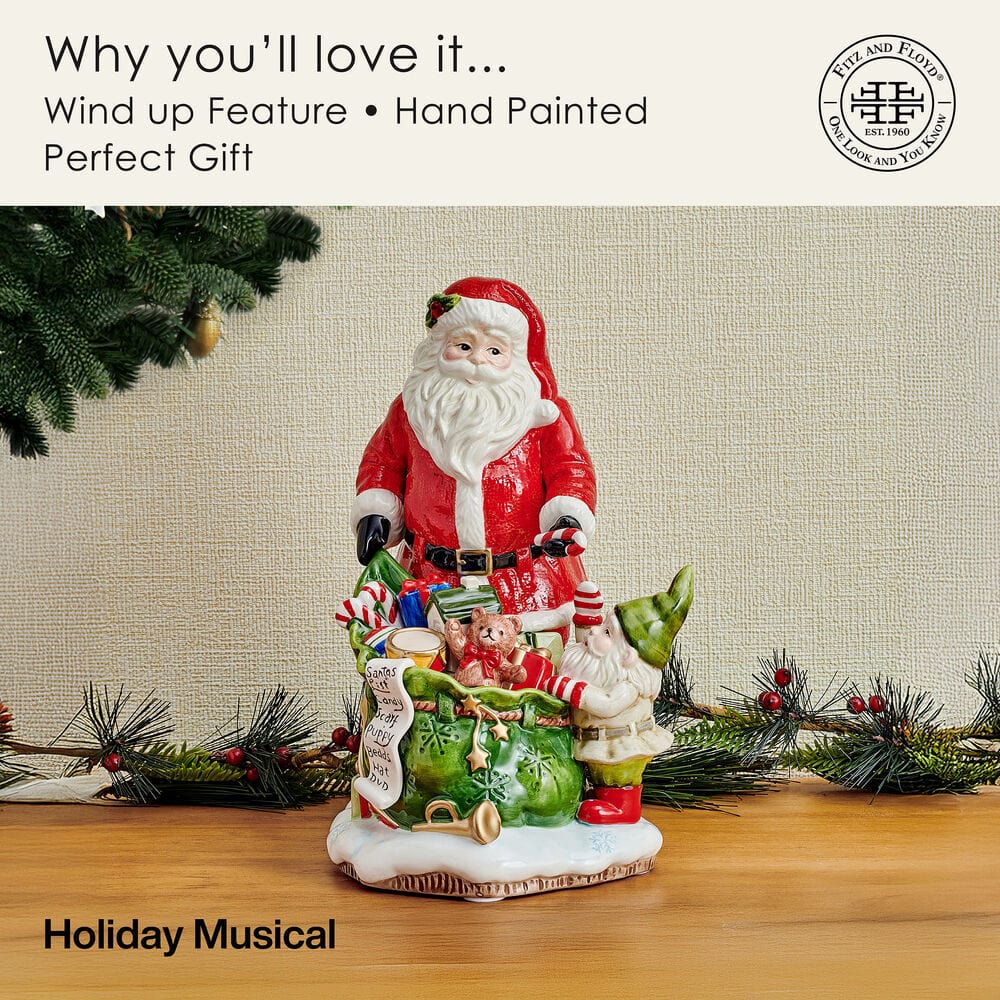 Holiday Musical Santa with Elf Figurine, 11 IN