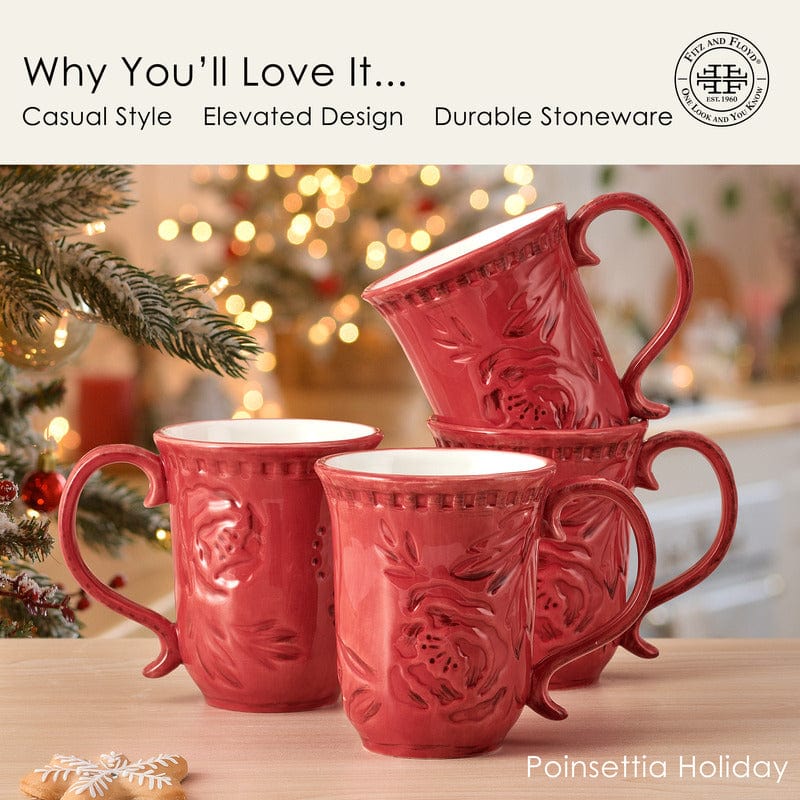 Poinsettia Holiday Set of 4 Mugs