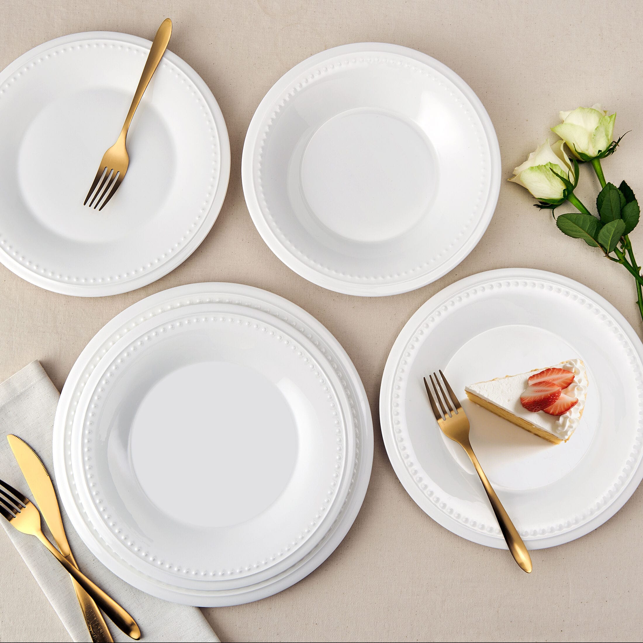 Nevaeh White Classic Bead 12 Piece Dinnerware Set, Service for 4