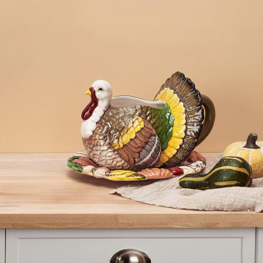 Decorative ceramic turkey on a wooden surface with pumpkins and a pine cone.