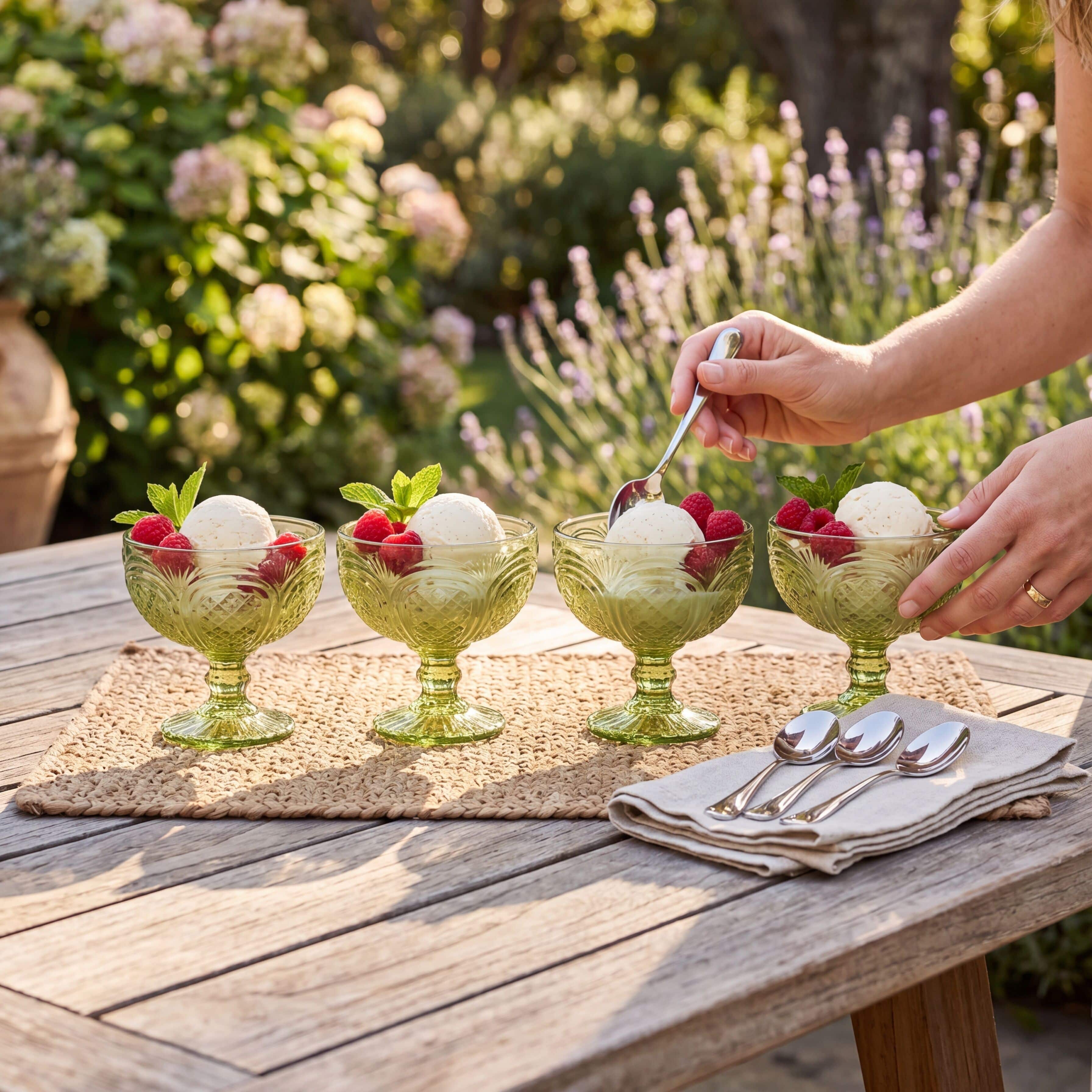Sicily Green Set of 4 Footed Dessert Bowls