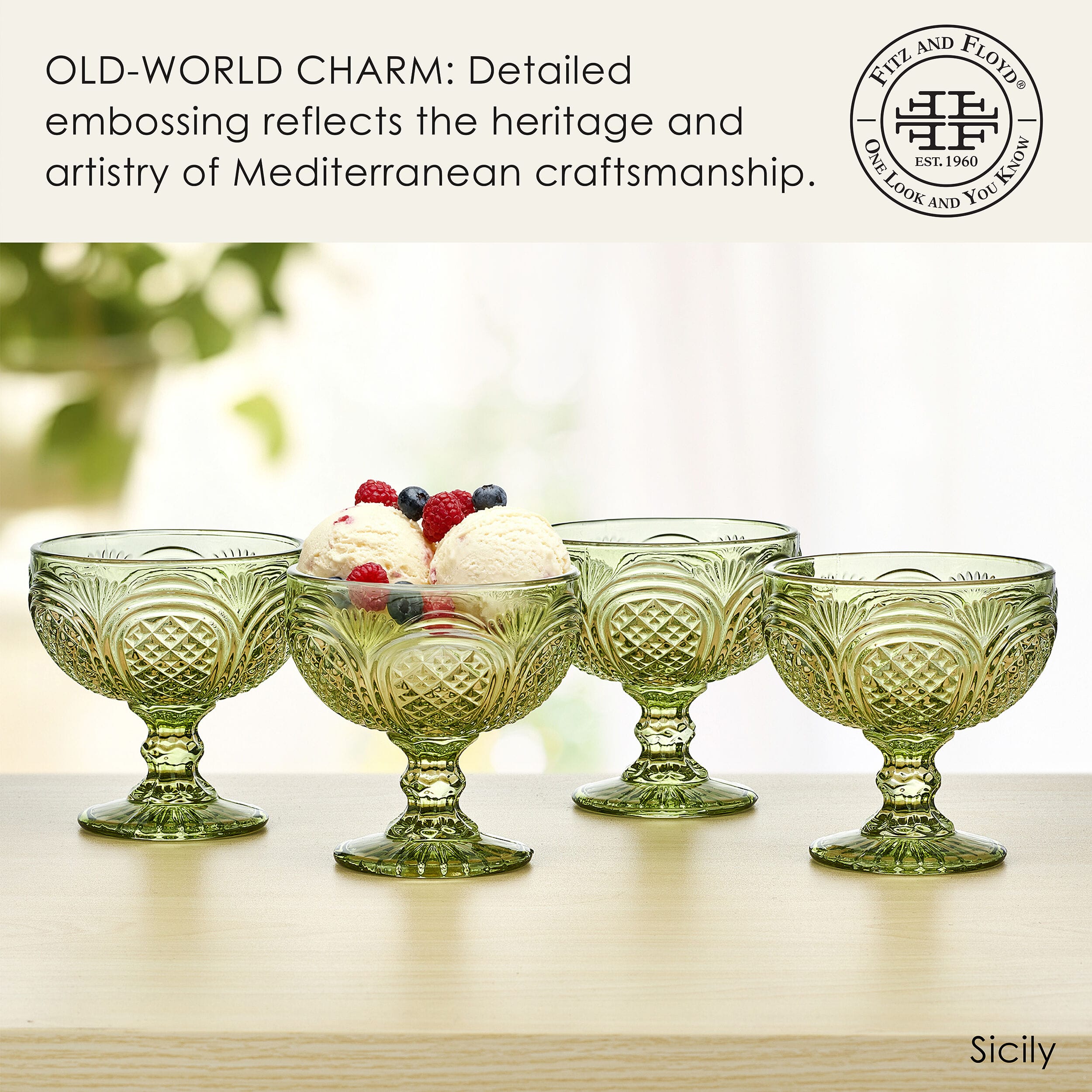 Sicily Green Set of 4 Footed Dessert Bowls