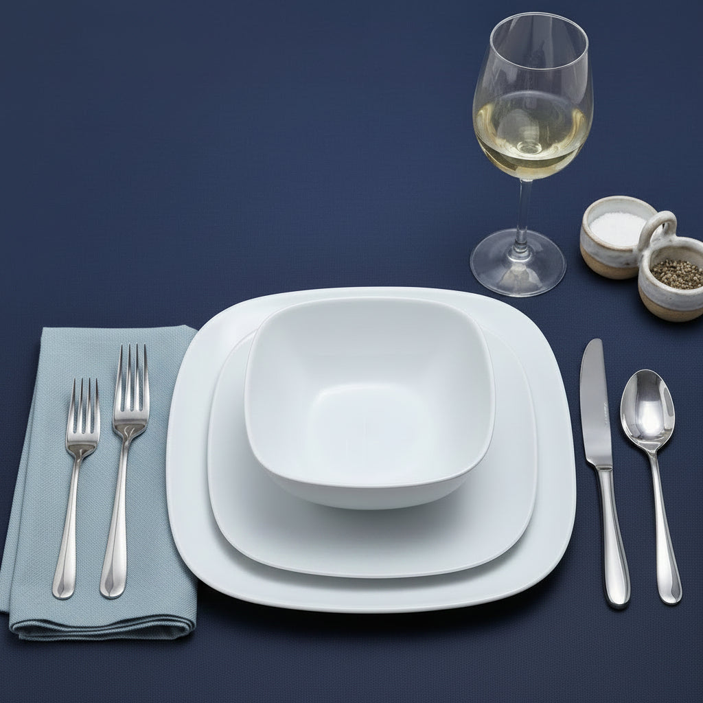 White ceramic dinnerware set including a square plate, a bowl, and a smaller bowl, arranged on a wooden table with silver cutlery, a green napkin, white flowers, a glass of white wine, and small condiment containers.