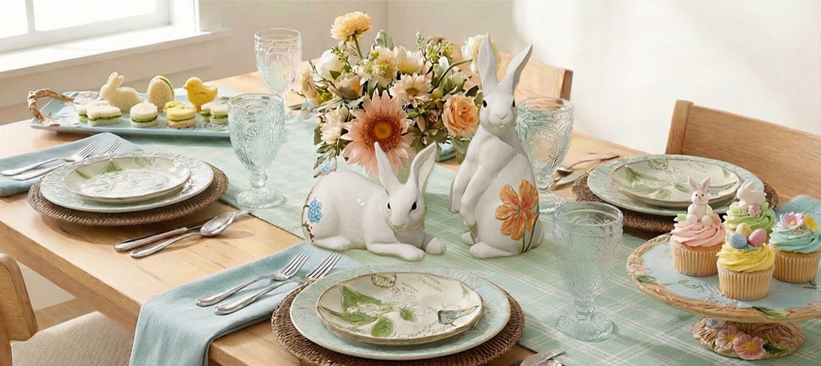 Easter Entertaining Table Setting with Floral arrangement 
