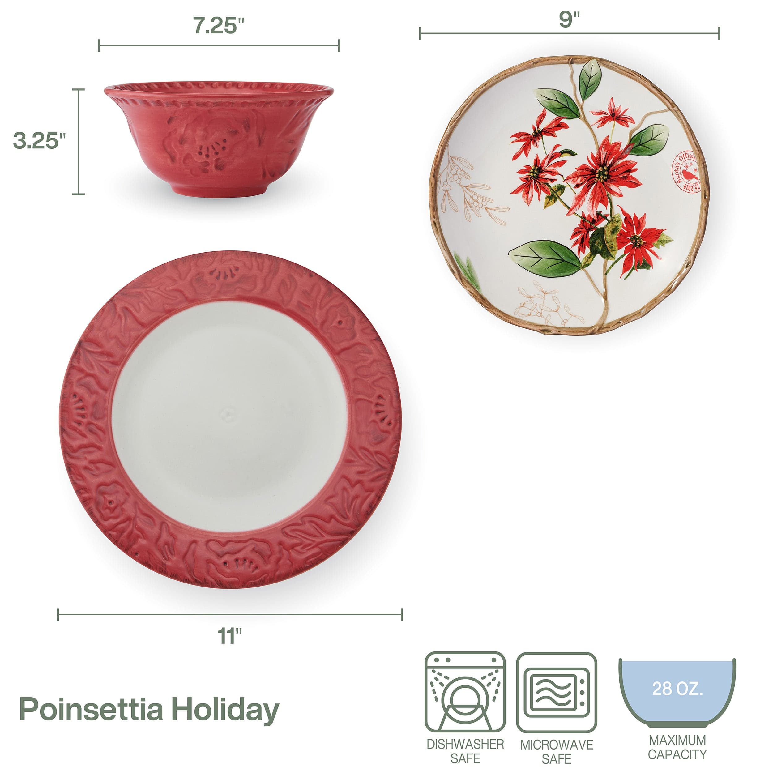 Poinsettia Holiday 12 Piece Dinnerware Set, Service for 4