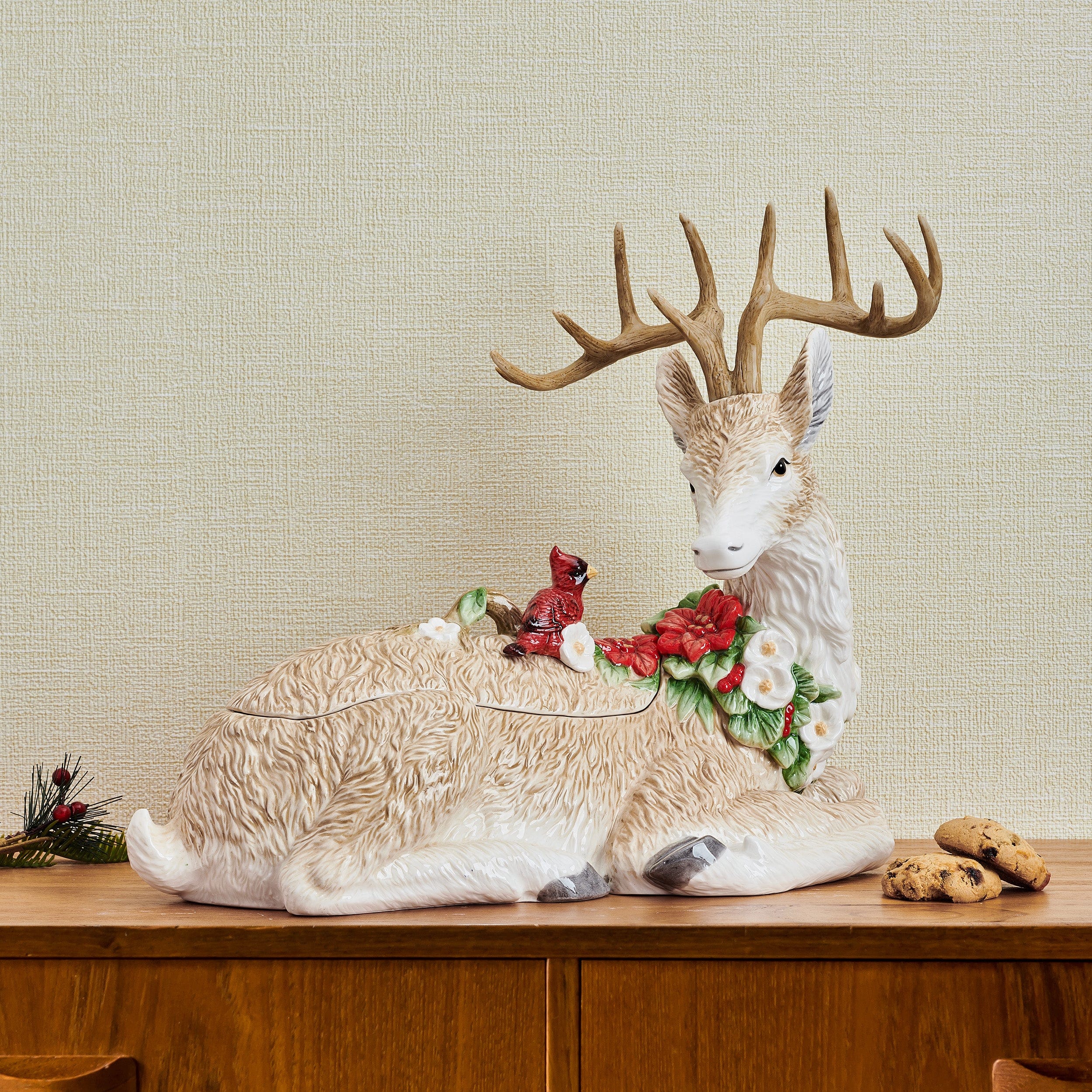 Poinsettia Holiday Deer Cookie Jar