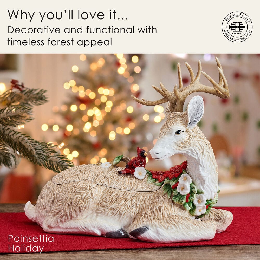 Poinsettia Holiday Deer Cookie Jar