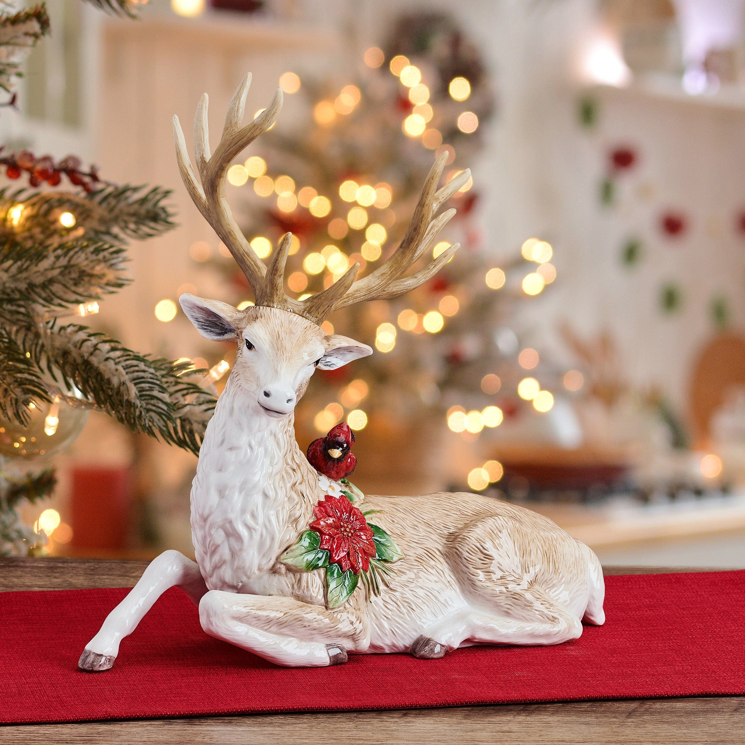 Poinsettia Holiday Resting Deer Figurine, 13.25 IN