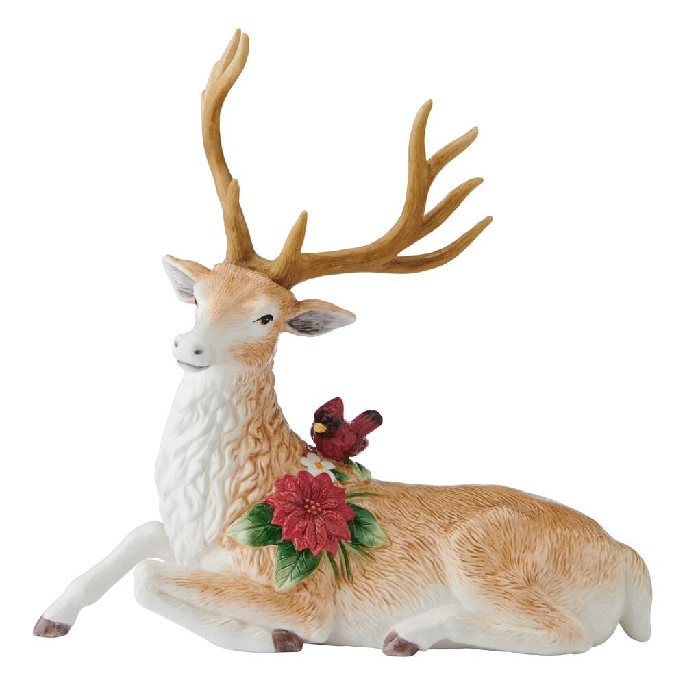 Poinsettia Holiday Resting Deer Figurine, 13.25 IN