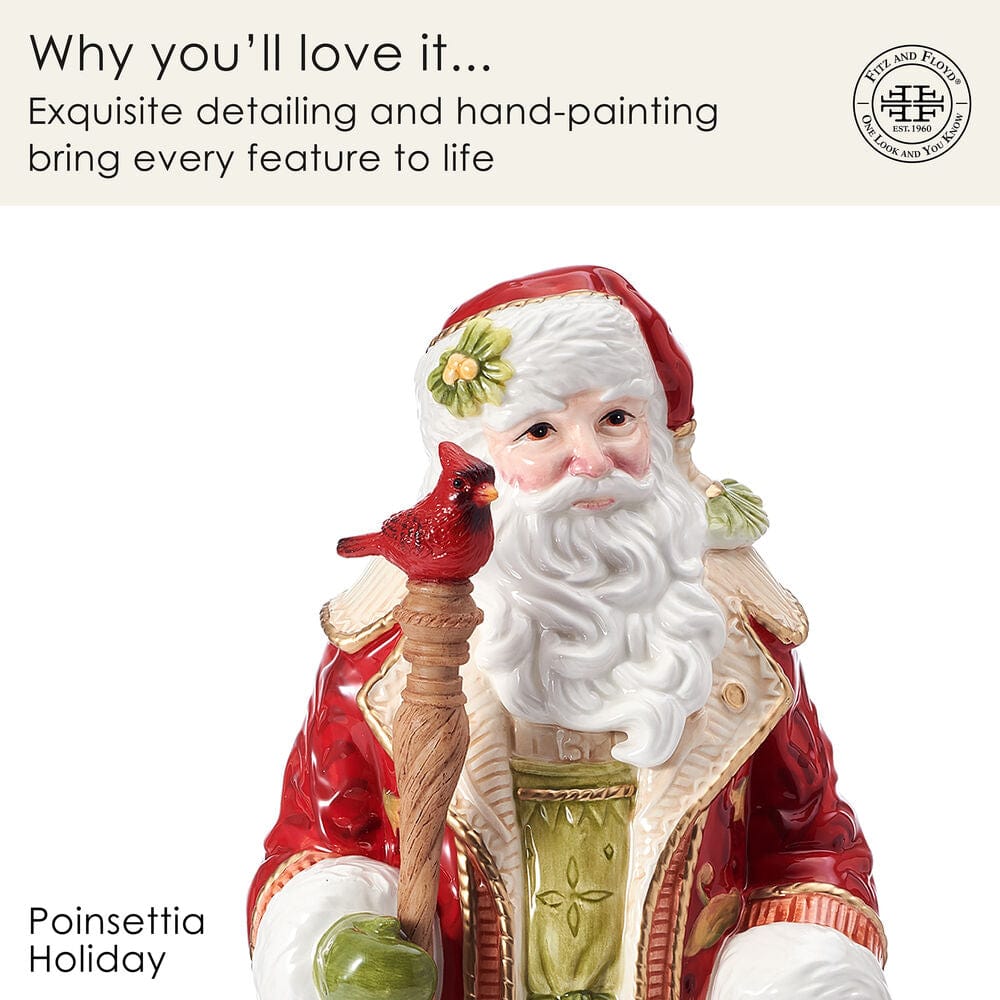 Poinsettia Holiday Santa Figurine, 17.5 IN