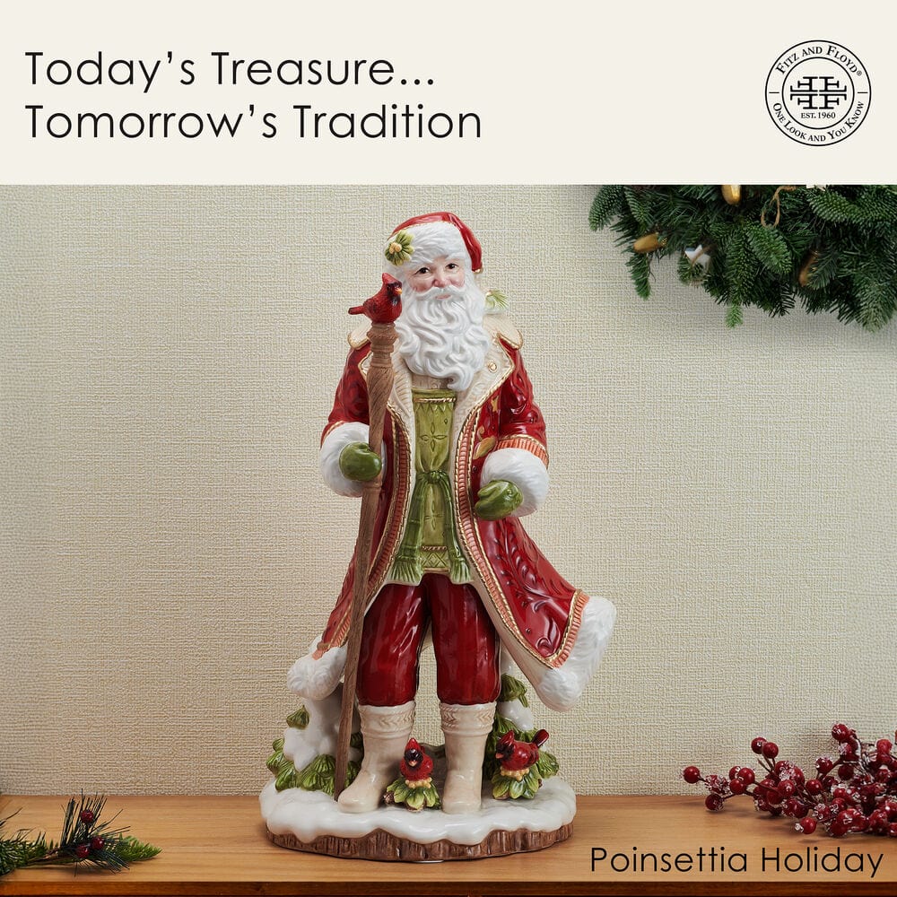Poinsettia Holiday Santa Figurine, 17.5 IN