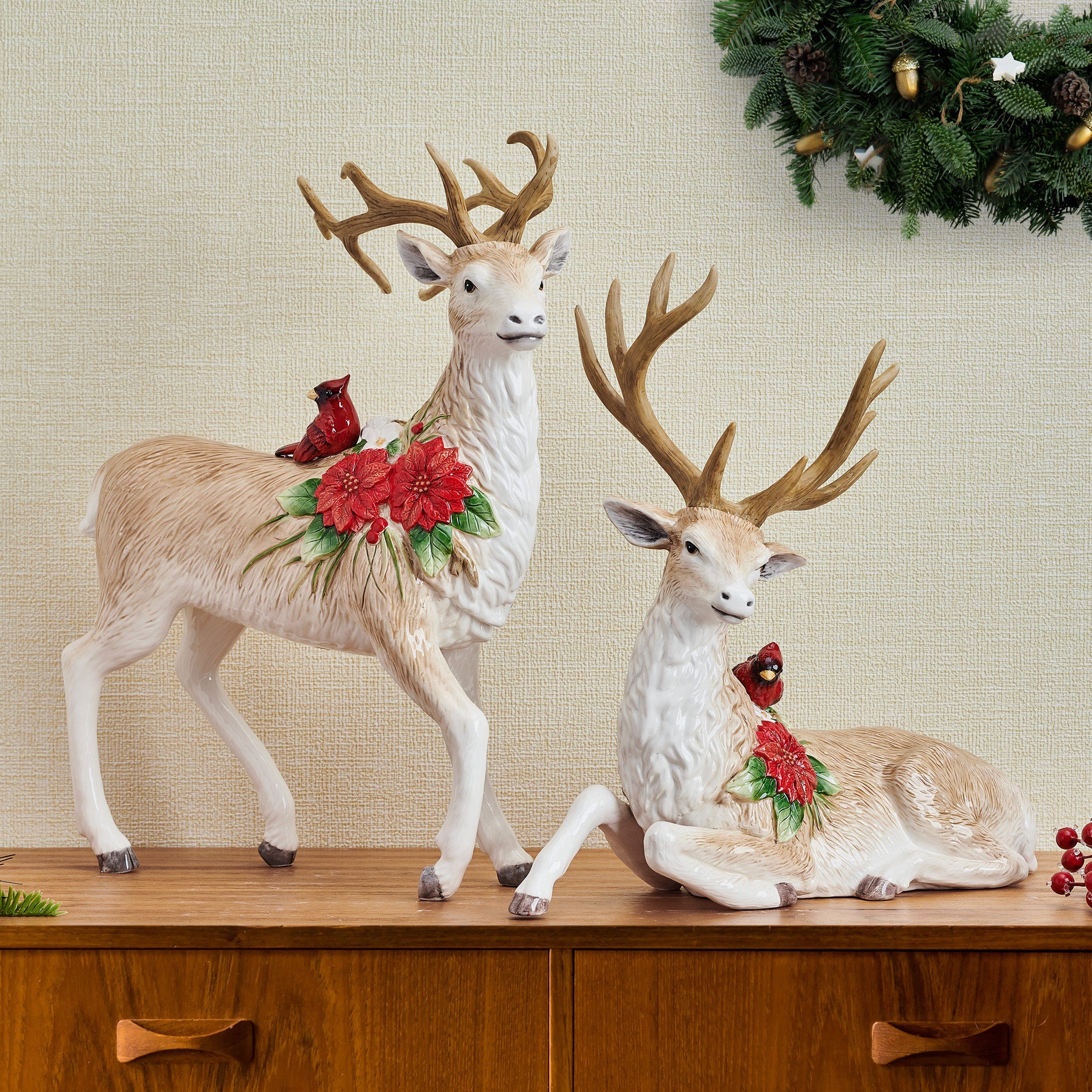 Poinsettia Holiday Standing Deer Figurine, 16.25 IN
