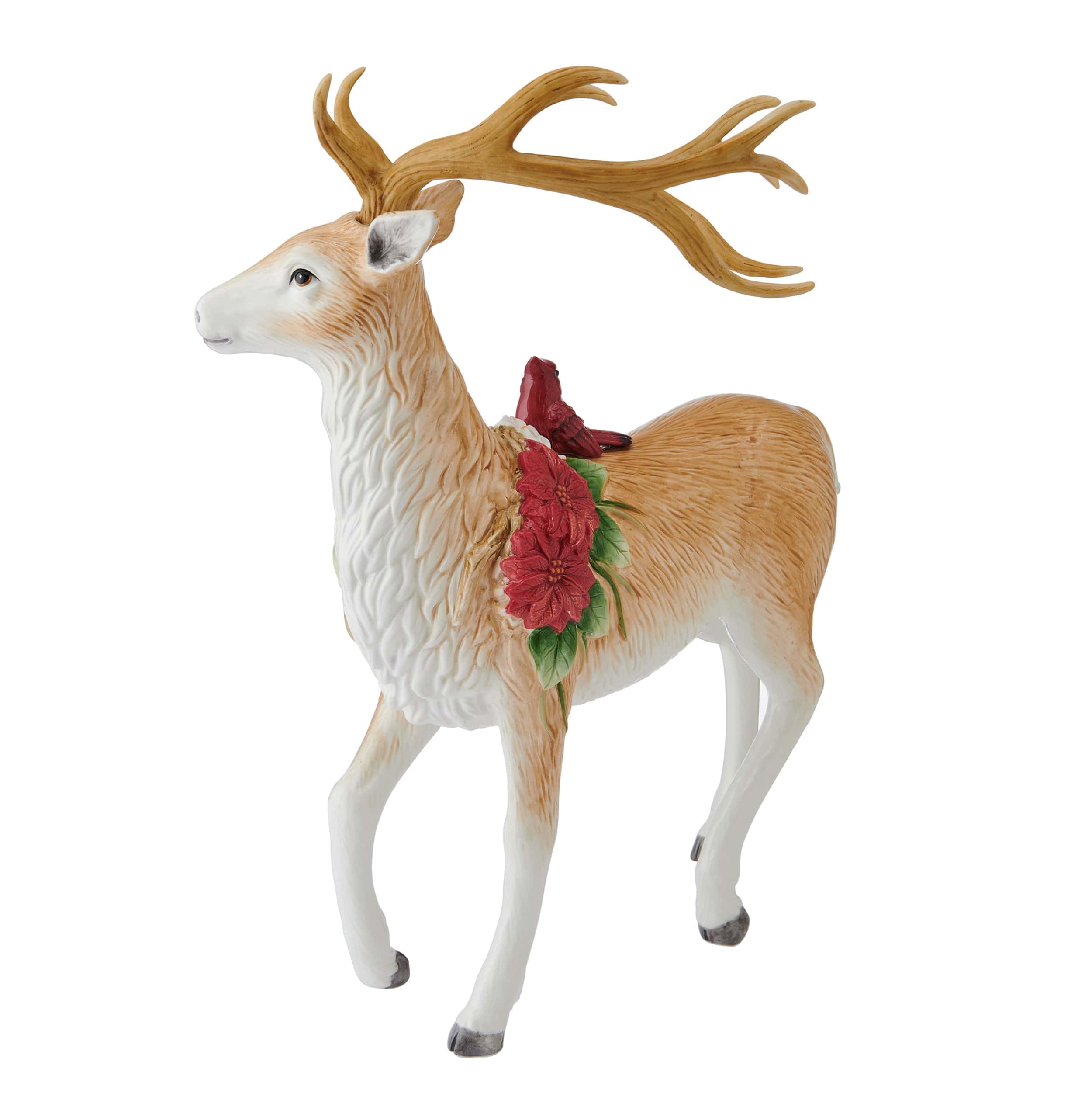 Poinsettia Holiday Standing Deer Figurine, 16.25 IN