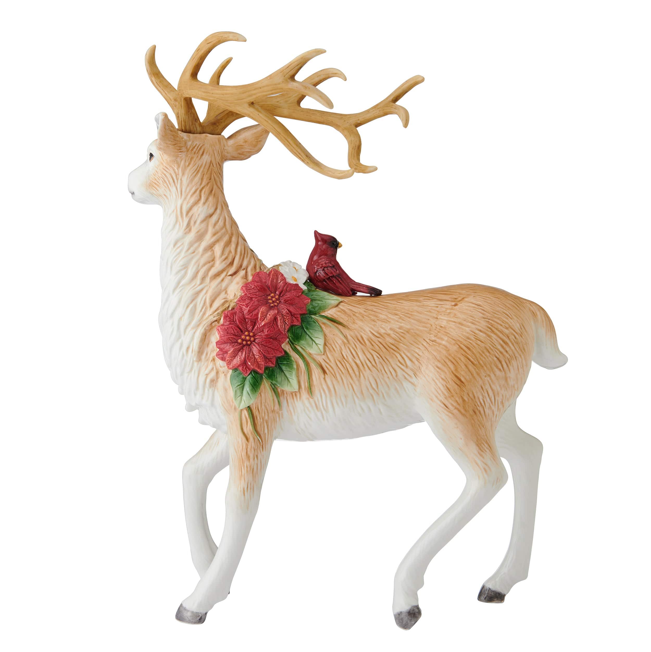 Poinsettia Holiday Standing Deer Figurine, 16.25 IN