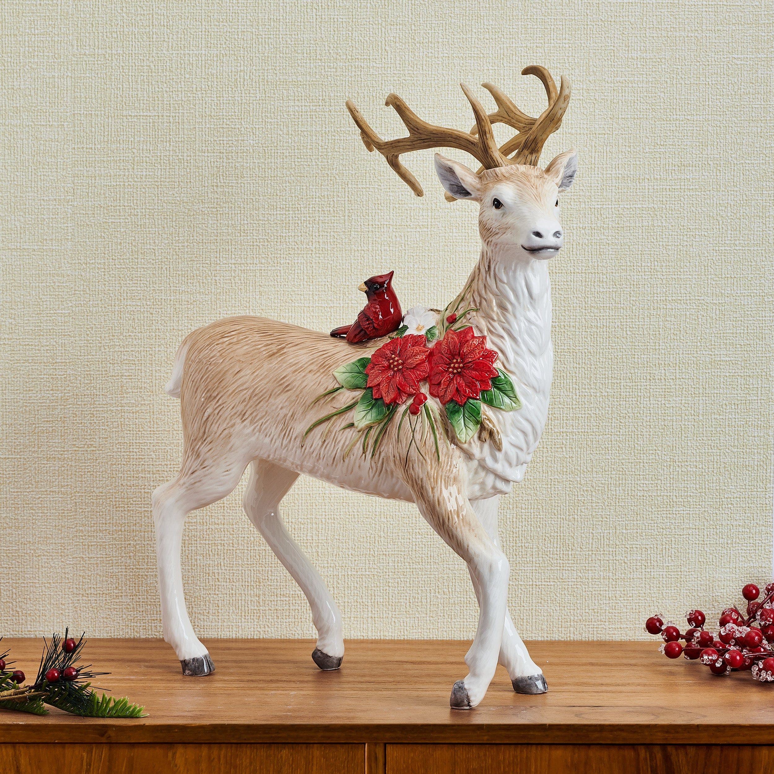Poinsettia Holiday Standing Deer Figurine, 16.25 IN