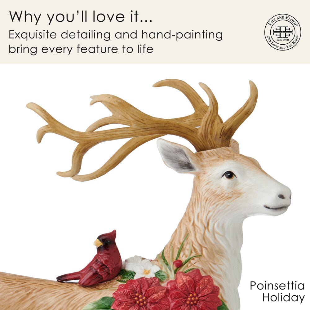 Poinsettia Holiday Standing Deer Figurine, 16.25 IN