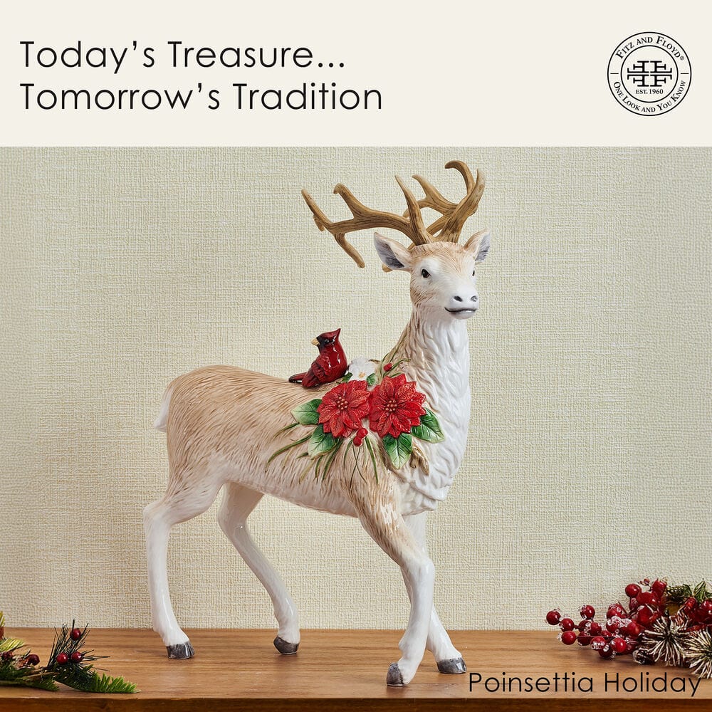 Poinsettia Holiday Standing Deer Figurine, 16.25 IN