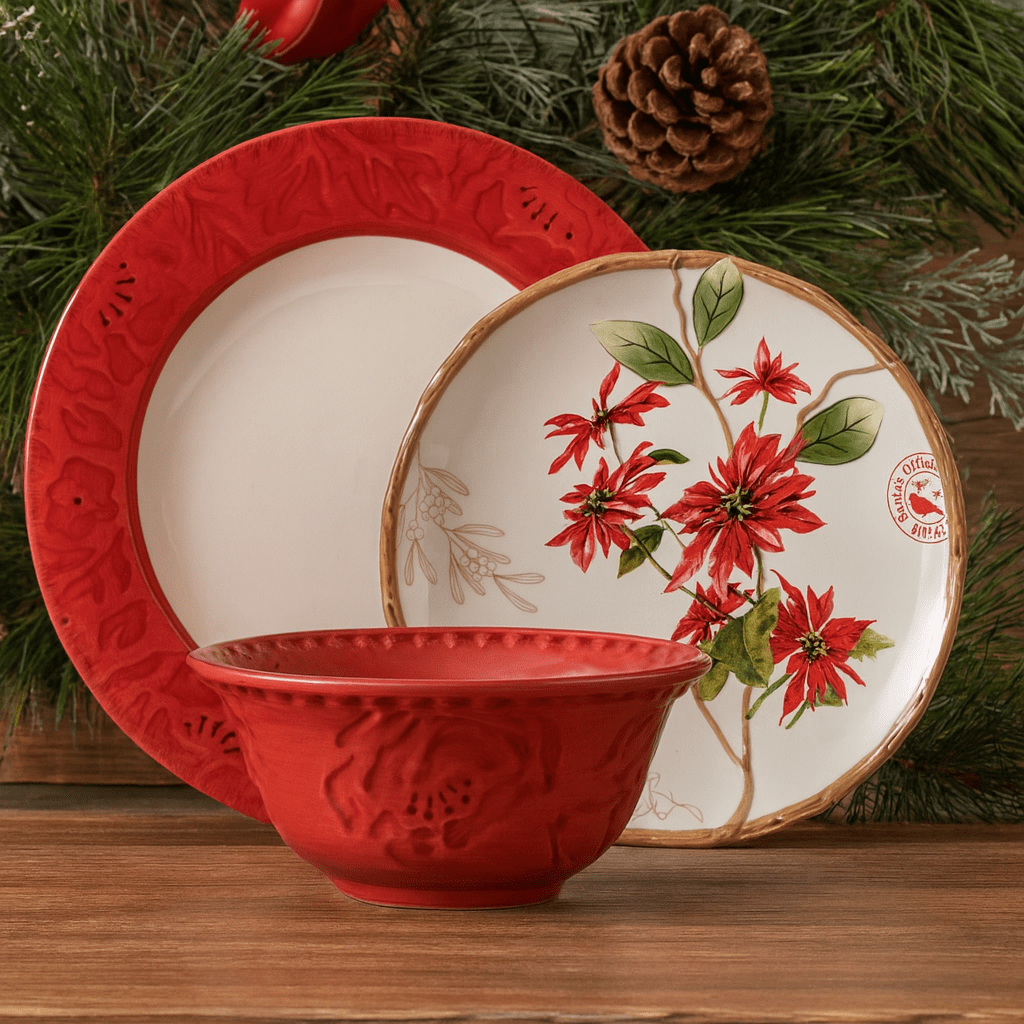 Poinsettia Holiday 12 Piece Dinnerware Set, Service for 4