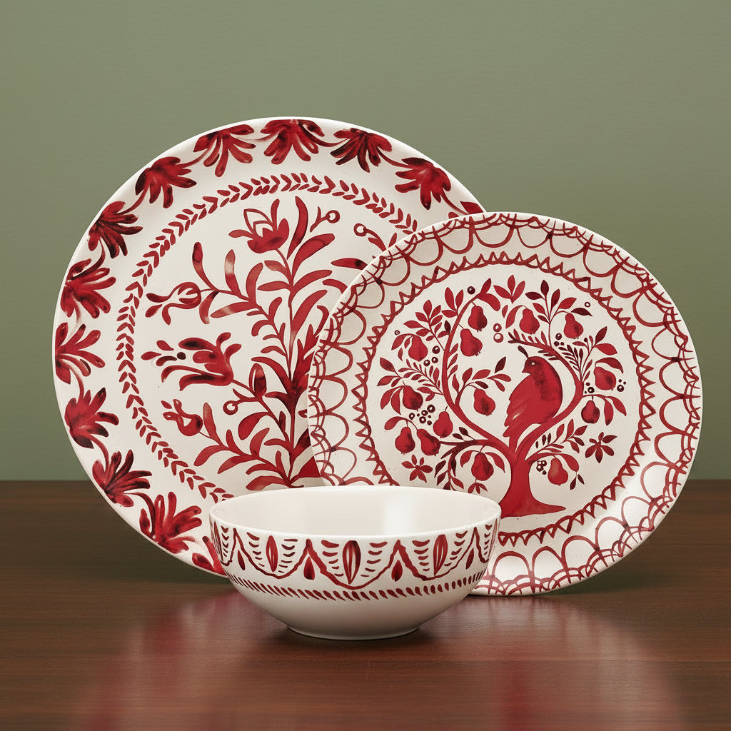 Sicily Red Holiday Partridge 12 piece Dinnerware Set, Service for 4
