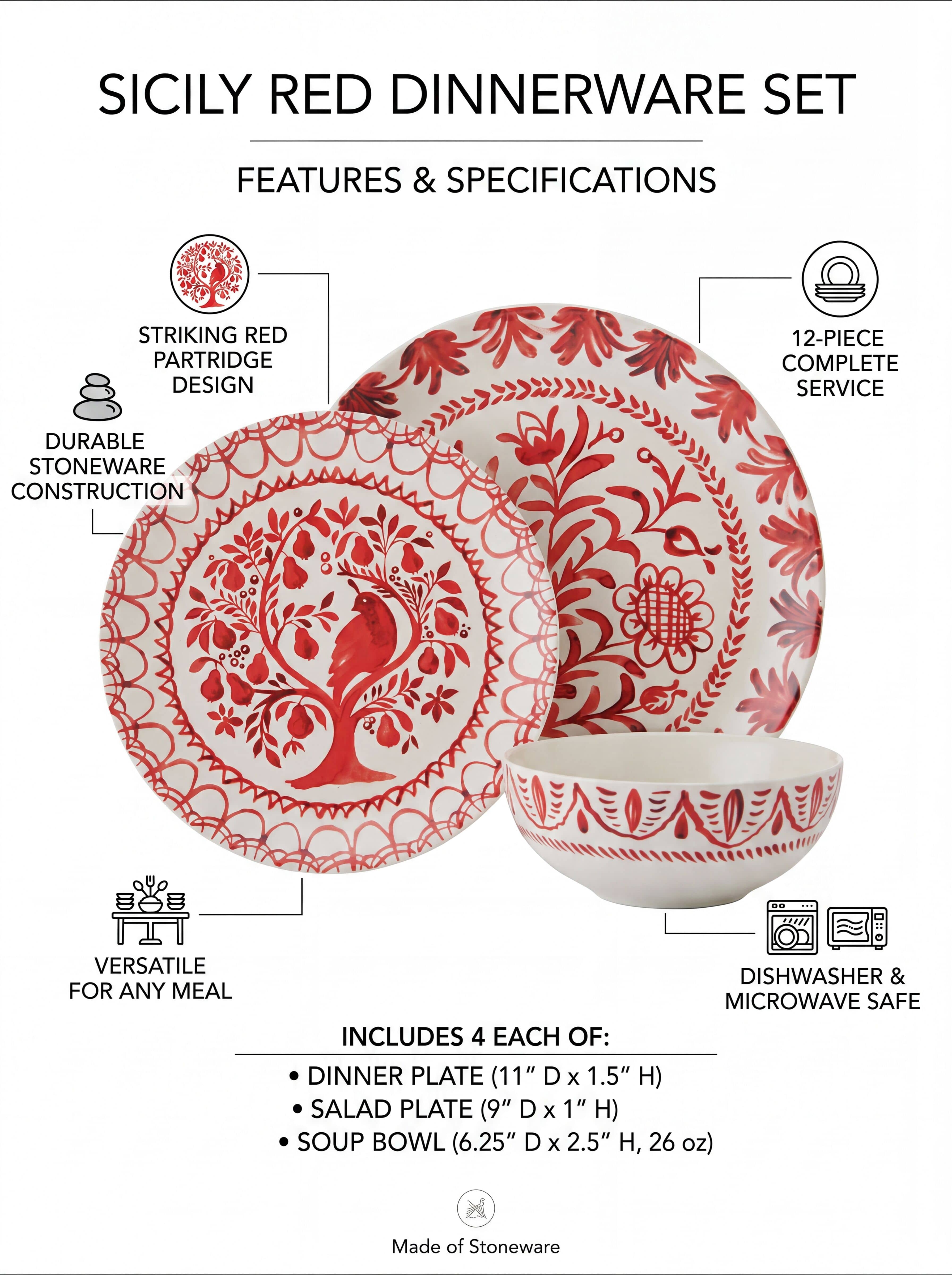 Sicily Red Holiday Partridge 12 piece Dinnerware Set, Service for 4