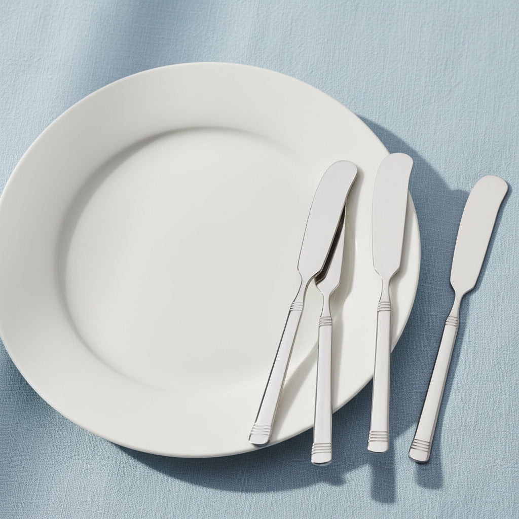 Set of silver butter knives on a white plate with a marble background