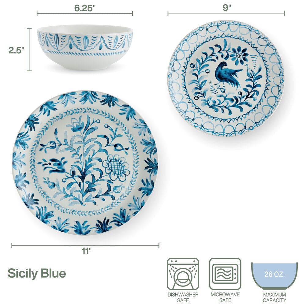 Sicily Blue 12 Piece Dinnerware Set, Service for 4