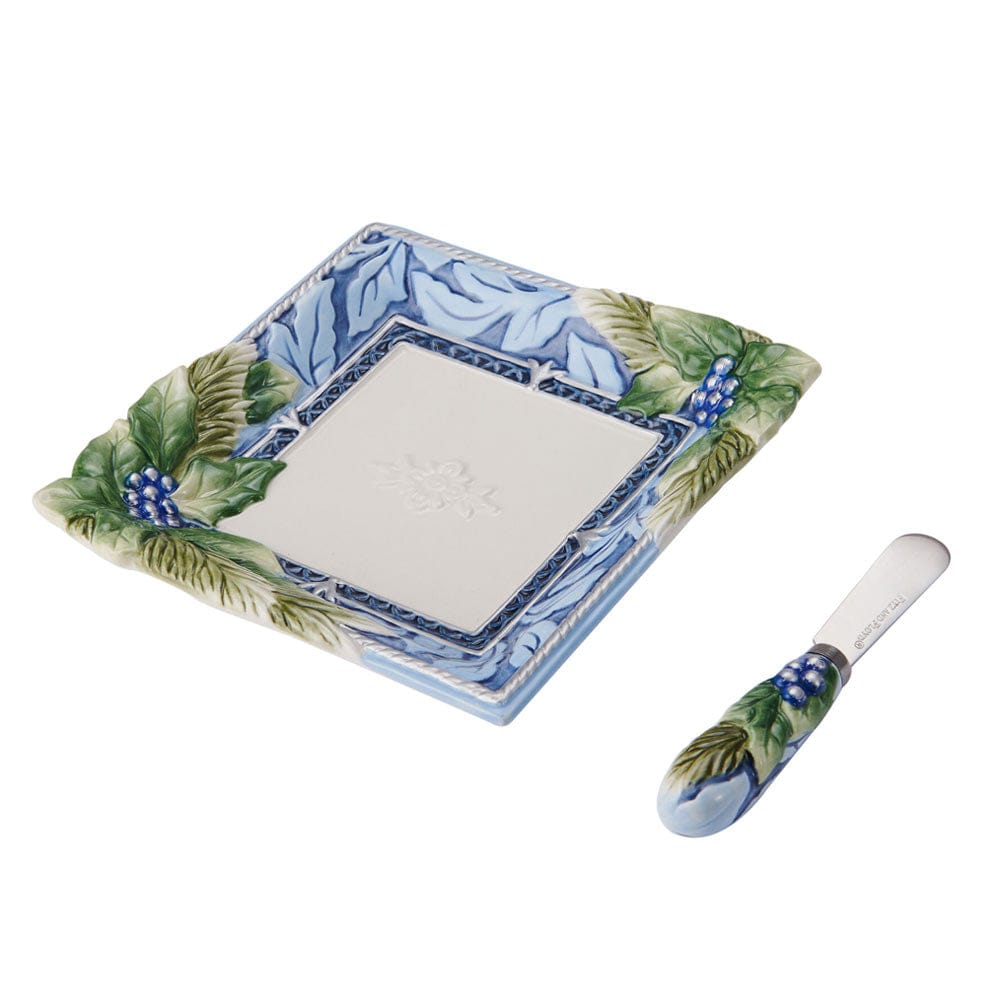 Holiday Home Blue Appetizer Plate with Spreader Set Fitz and Floyd
